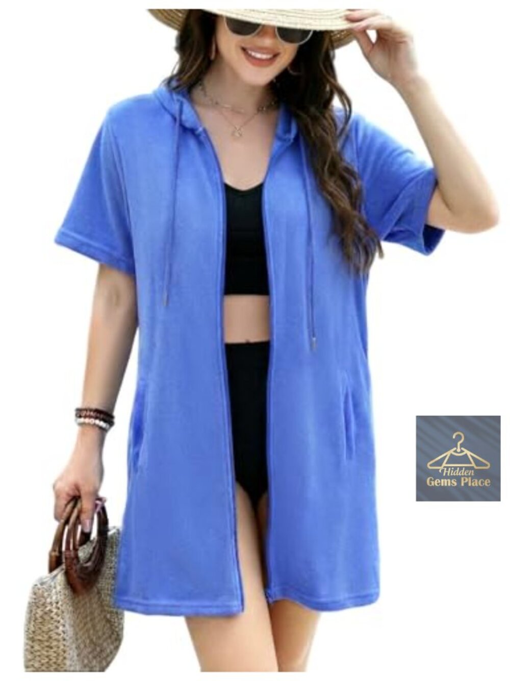 Tery Cloth Swim Cover Up Hooded Zip Short Sleeve Beach Pool